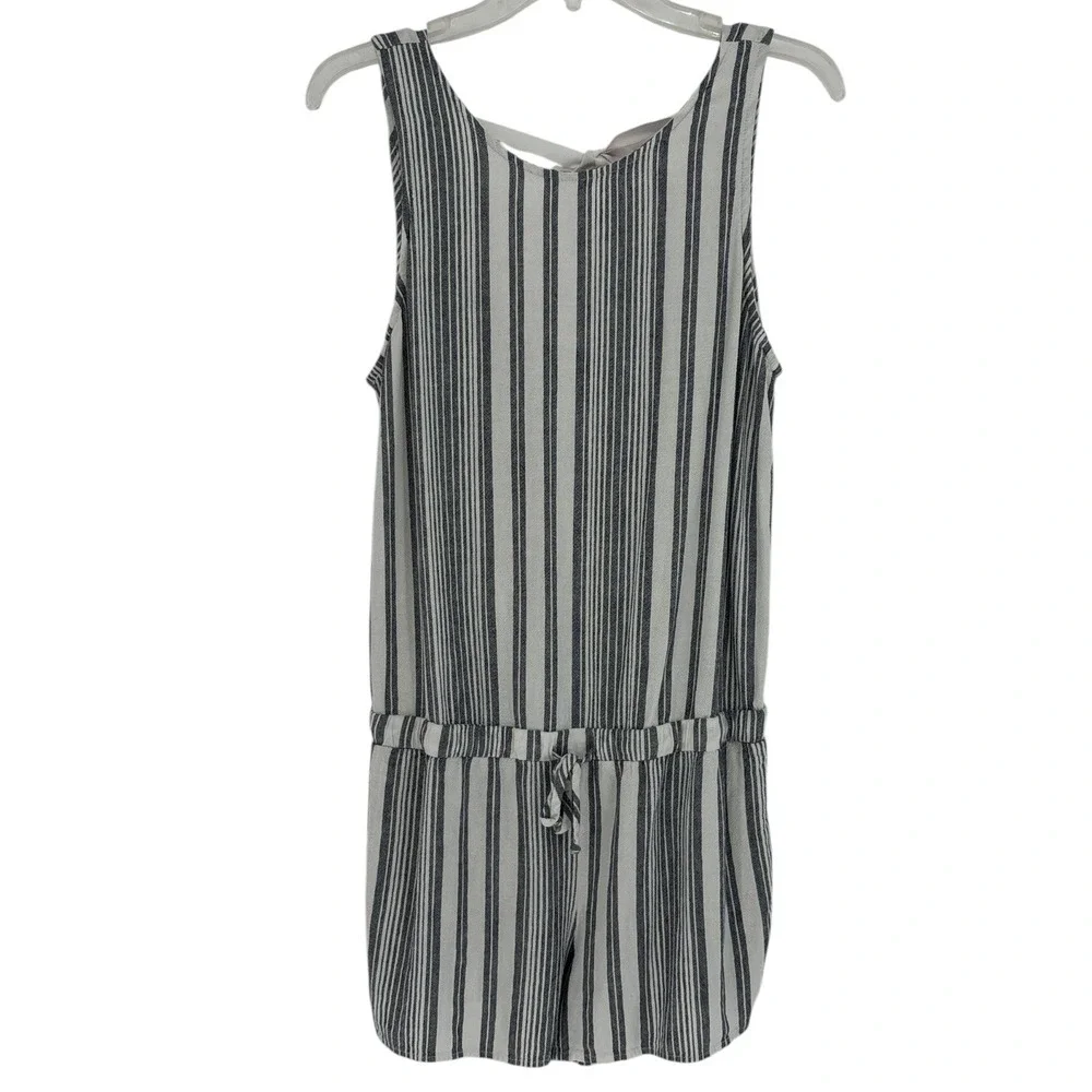 Bella Dahl Linen Blend Romper Gray White Striped Tie Back Medium Coastal Beach